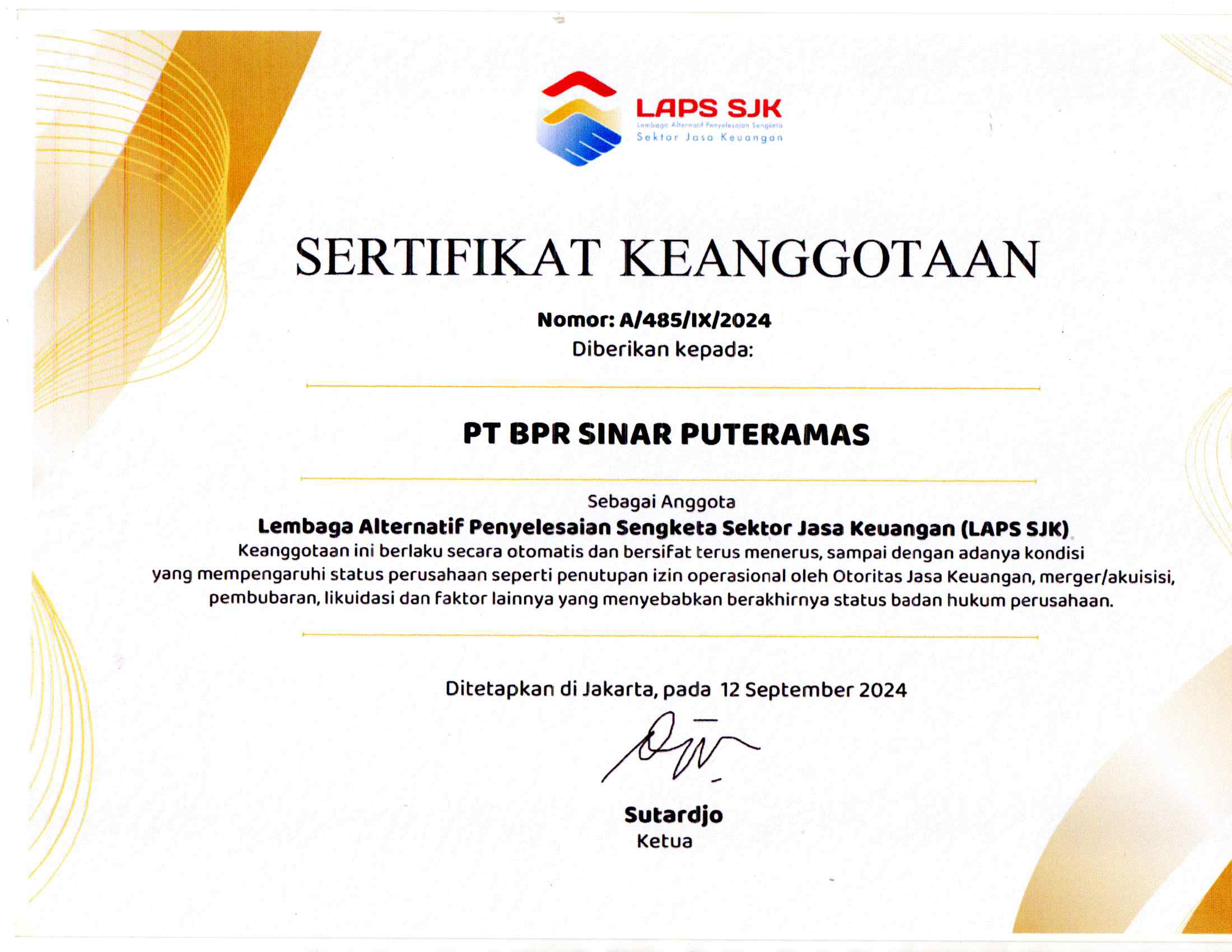 Sertifikat Keanggotaan LAPS SJK